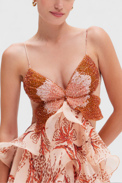 Vestido Juliet con volantes y escote en diamante