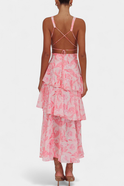 Vestido Doménica en gasa con escote en V y capas fluidas