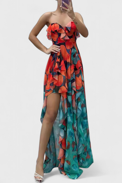 Vestido maxi Ansi sin mangas con capas fluidas y abertura degradada