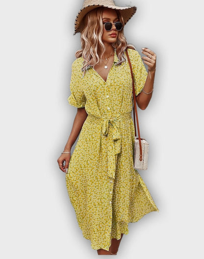 Vestido midi casual de verano con cintura ajustable y estampado floral