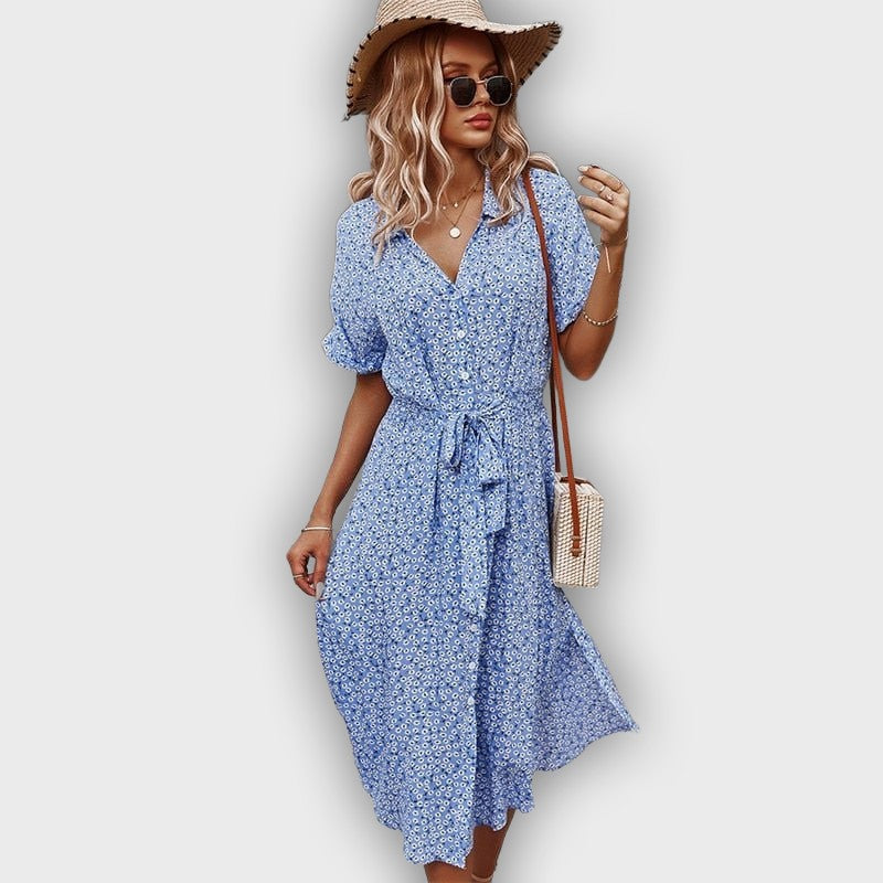 Vestido midi casual de verano con cintura ajustable y estampado floral