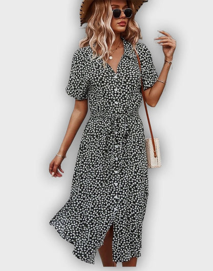 Vestido midi casual de verano con cintura ajustable y estampado floral