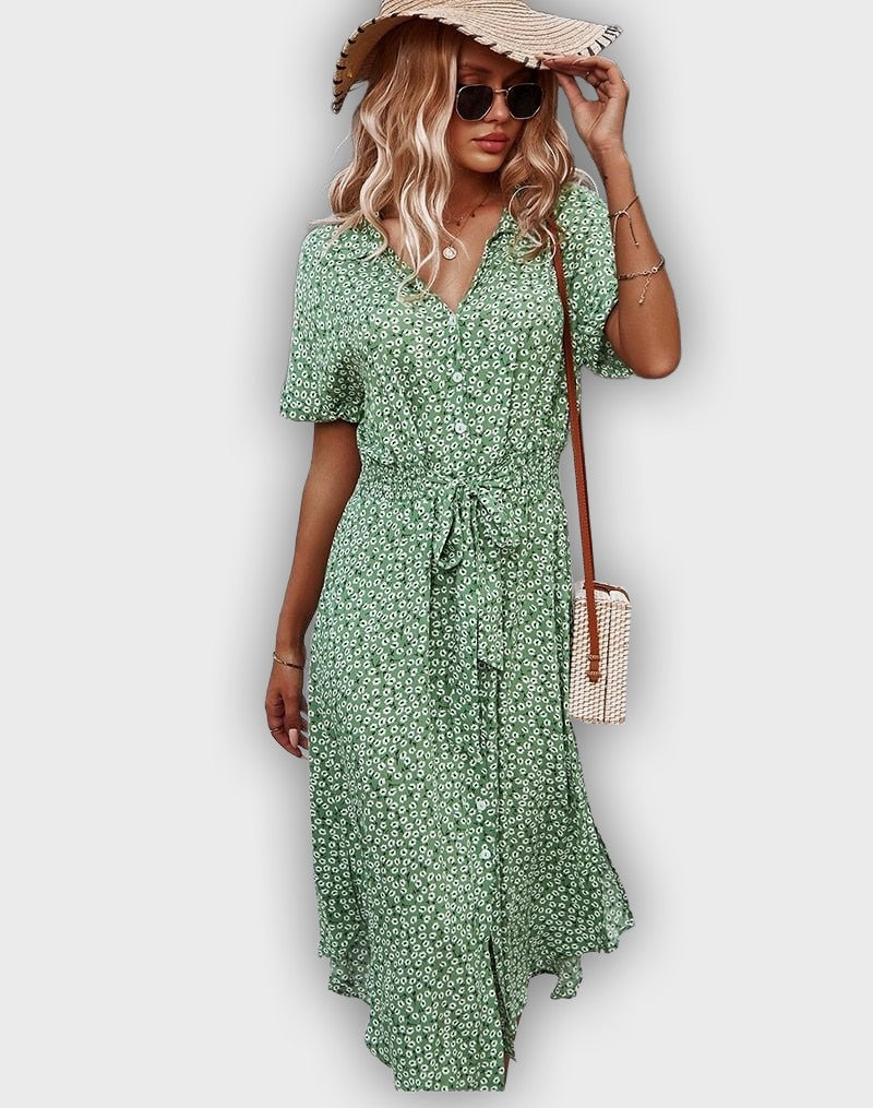 Vestido midi casual de verano con cintura ajustable y estampado floral