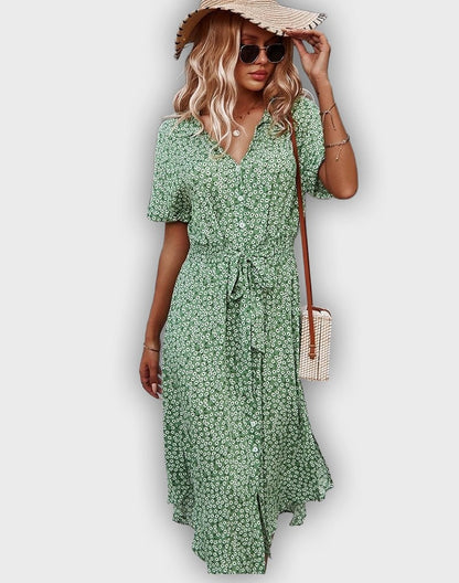 Vestido midi casual de verano con cintura ajustable y estampado floral